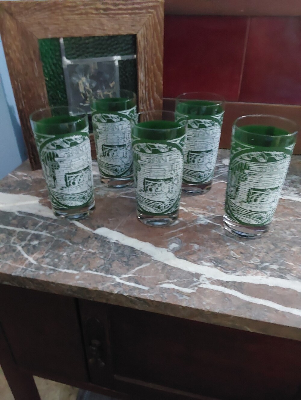 Vintage 1950s Colonial Homestead Tumblers, Set Of 6 Green Glasses By Royal